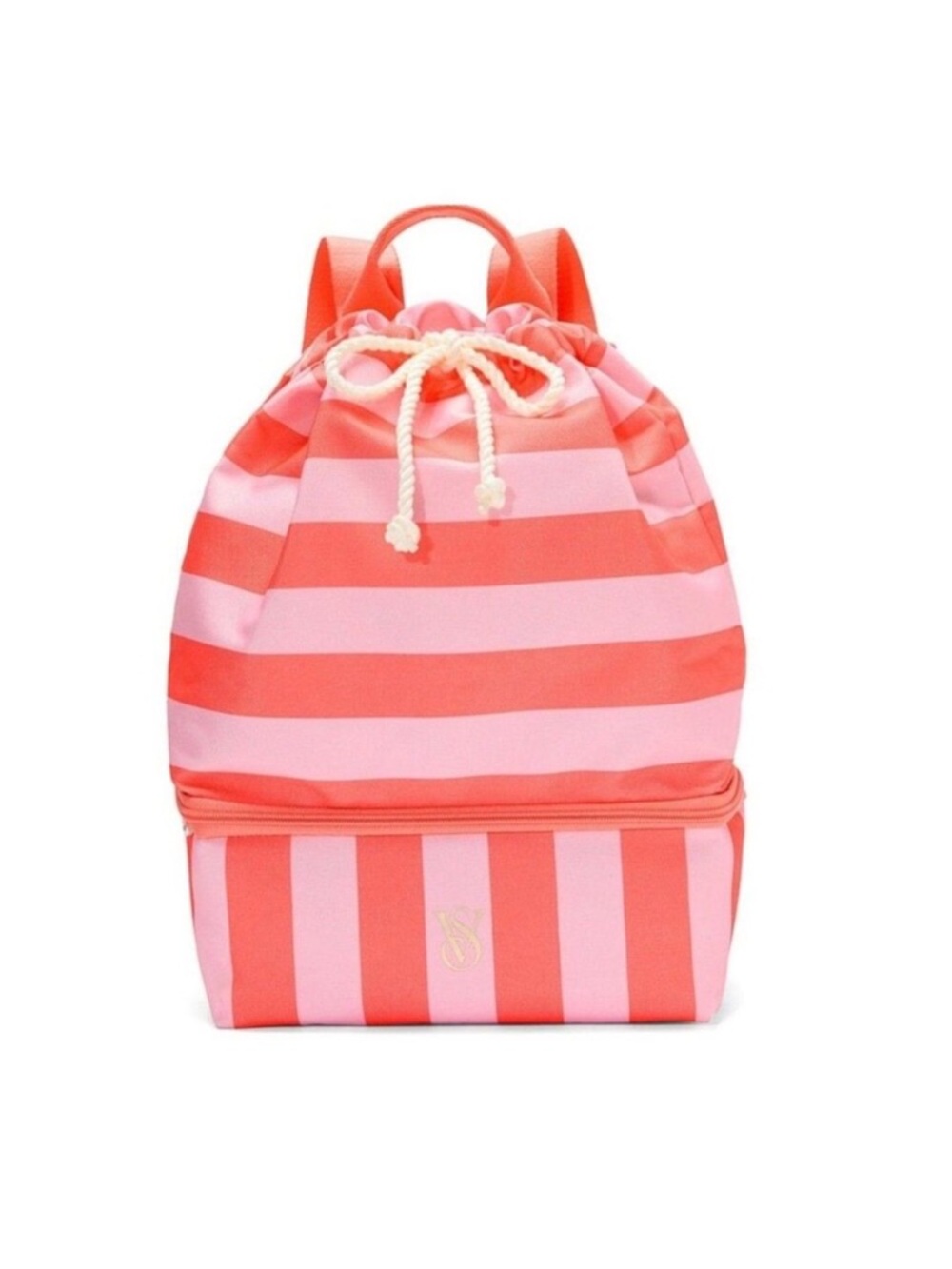 PINK Victoria's Secret Coral & Light Pink Striped Drawstring Backpack Cooler